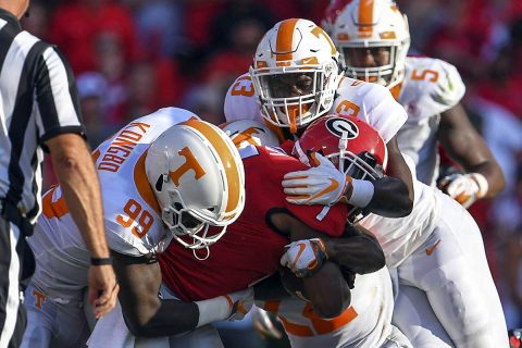 Georgia Bulldogs running back D'Andre Swift (7) is tackled by Tennessee Volunteers linebacker Jonathan Kongbo (99) and linebacker Deandre Johnson (13) during the second half at Sanford Stadium. (Dale Zanine-USA TODAY Sports)