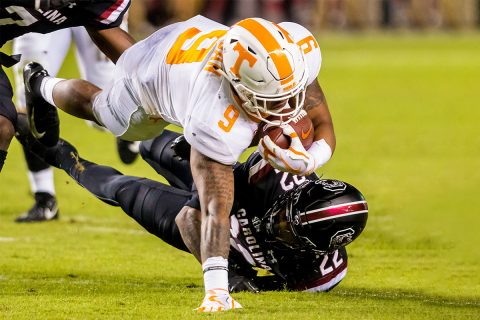 Tennessee Volunteers running back Tim Jordan (9) carries the ball as South Carolina Gamecocks defensive back Steven Montac (22) tackles in the first half at Williams-Brice Stadium. (Jeff Blake-USA TODAY Sports)