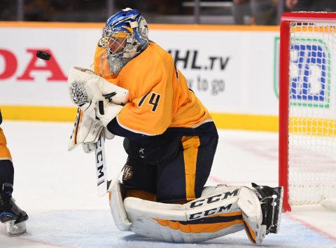 Nashville Predators goaltender Juuse Saros (74) makes a save during the second period against the Vegas Golden Knights at Bridgestone Arena. (Christopher Hanewinckel-USA TODAY Sports)