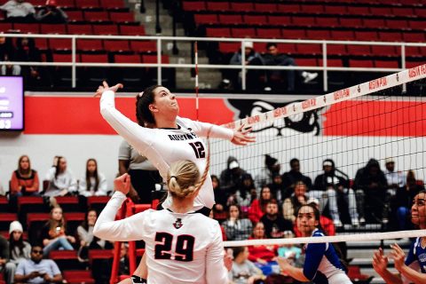 Austin Peay senior Kaylee Taff has 11 kills and 4 blocks in three set sweep of Tennessee State Thursday night at the OVC Tournament. (APSU Sports Information)