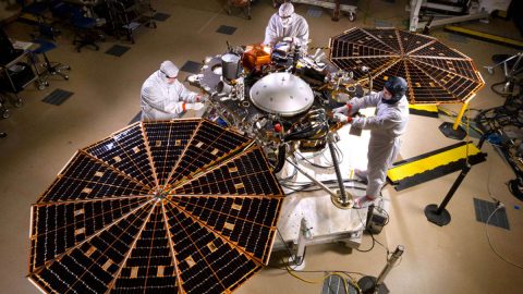 NASA's InSight Mars Lander in fully landed configuration in the clean room at Lockheed Martin Space in Littleton, Colorado. Once the solar arrays are fully deployed on Mars, they can provide 600-700 watts on a clear day, or just enough to power a household blender. (Lockheed Martin)