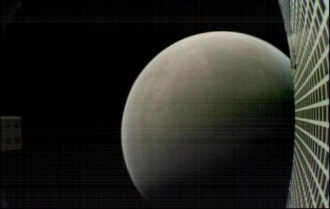 MarCO-B, one of the experimental Mars Cube One (MarCO) CubeSats, took this image of Mars from about 4,700 miles (7,600 kilometers) away during its flyby of the Red Planet on Nov. 26, 2018. MarCO-B was flying by Mars with its twin, MarCO-A, to attempt to serve as communications relays for NASA's InSight spacecraft as it landed on Mars. (NASA/JPL-Caltech)