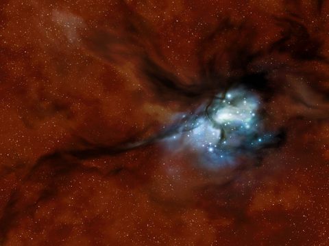 Illustration of a star cluster forming from the collision of turbulent molecular clouds, which appear as dark shadows in front of the background galactic star field. (NASA/SOFIA/Lynette Cook) Illustration of a star cluster forming from the collision of turbulent molecular clouds, which appear as dark shadows in front of the background galactic star field. (NASA/SOFIA/Lynette Cook)