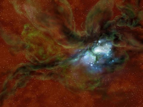 Illustration of the molecular clouds surrounded by atomic envelopes, in green, which have been detected by SOFIA via emission from ionized carbon. The spatial offset and motions of these envelopes confirm predictions of simulations of cloud collisions. (NASA/SOFIA/Lynette Cook) Illustration of the molecular clouds surrounded by atomic envelopes, in green, which have been detected by SOFIA via emission from ionized carbon. The spatial offset and motions of these envelopes confirm predictions of simulations of cloud collisions. (NASA/SOFIA/Lynette Cook)
