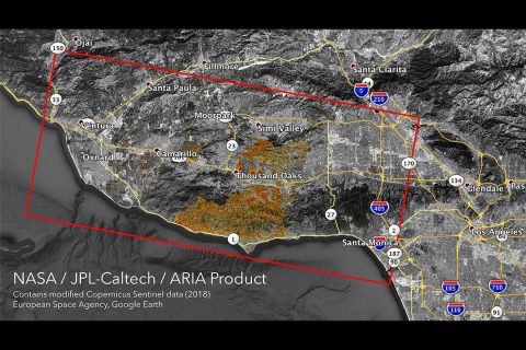 The Advanced Rapid Imaging and Analysis (ARIA) team at NASA's Jet Propulsion Laboratory in Pasadena, California, created these Damage Proxy Maps (DPMs) depicting areas in California likely damaged by the Woolsey and Camp Fires. (NASA/JPL-Caltech)