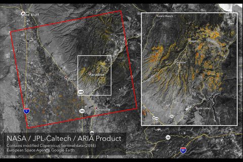 The Advanced Rapid Imaging and Analysis (ARIA) team at NASA's Jet Propulsion Laboratory in Pasadena, California, created these Damage Proxy Maps (DPMs) depicting areas in California likely damaged by the Woolsey and Camp Fires. (NASA/JPL-Caltech)