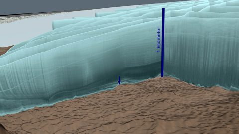 Radar data from an intensive aerial survey of the Hiawatha crater in May 2016 is shown here in aqua-colored curtains. A blue arrow points to the central peak of the crater. (NASA/Cindy Starr)