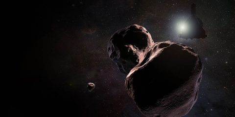 Artist's impression of NASA's New Horizons spacecraft encountering 2014 MU69, a Kuiper Belt object that orbits the Sun 1 billion miles (1.6 billion kilometers) beyond Pluto, on Jan. 1, 2019. (NASA/JHUAPL/SwRI)