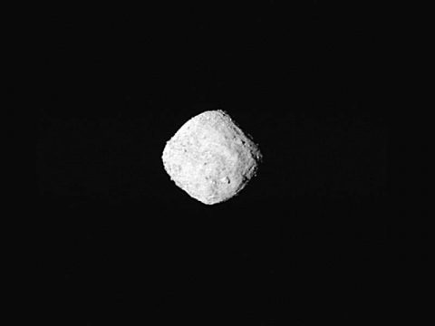 This "super-resolution" view of asteroid Bennu was created using eight images obtained by NASA's OSIRIS-REx spacecraft on Oct. 29, 2018, from a distance of about 205 miles (330 kilometers). (NASA/Goddard/University of Arizona)