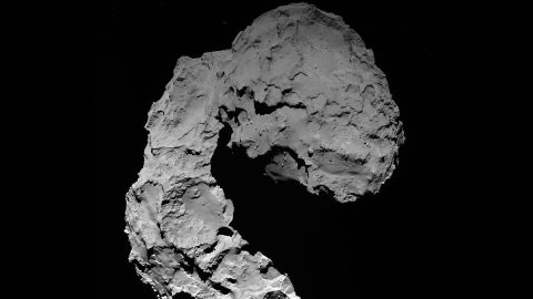 This view shows Comet 67P/Churyumov-Gerasimenko as seen by the OSIRIS wide-angle camera on ESA's Rosetta spacecraft on September 29, 2016, when Rosetta was at an altitude of 14 miles (23 kilometers). (ESA/Rosetta/MPS for OSIRIS Team MPS/UPD/LAM/IAA/SSO/INTA/UPM/DASP/IDA)