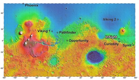 The landing site for InSight, in relation to landing sites for seven previous missions, is shown on a topographic map of Mars. (NASA/JPL-Caltech)