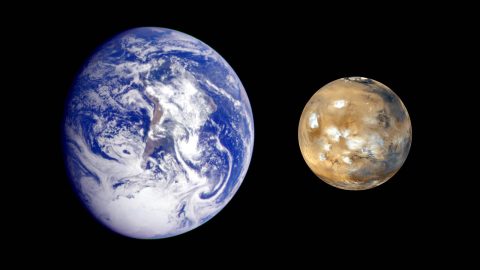 This composite image of Earth and Mars was created to allow viewers to gain a better understanding of the relative sizes of the two planets. (NASA/JPL-Caltech)