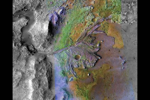 On ancient Mars, water carved channels and transported sediments to form fans and deltas within lake basins. Examination of spectral data acquired from orbit show that some of these sediments have minerals that indicate chemical alteration by water. Here in Jezero Crater delta, sediments contain clays and carbonates. (NASA/JPL-Caltech/MSSS/JHU-APL)