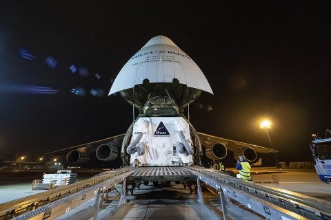 The European Service Module for NASA's Orion spacecraft is loaded on an Antonov airplane in Bremen, Germany, on Nov. 5, 2018, for transport to NASA's Kennedy Space Center in Florida. For the first time, NASA will use a European-built system as a critical element to power an American spacecraft, extending the international cooperation of the International Space Station into deep space. Credits: NASA/Rad Sinyak