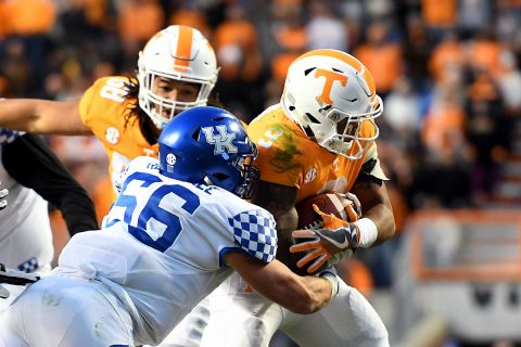 Tennessee Volunteers running back Tim Jordan (9) runs the ball against Kentucky Wildcats linebacker Kash Daniel (56) during the second half at Neyland Stadium. Tennessee won 24 to 7. (Randy Sartin-USA TODAY Sports) Tennessee Volunteers running back Tim Jordan (9) runs the ball against Kentucky Wildcats linebacker Kash Daniel (56) during the second half at Neyland Stadium. Tennessee won 24 to 7. (Randy Sartin-USA TODAY Sports)