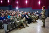 Lt. Gen. Nadja West, U.S. Army surgeon general and commander of Army Medical Command, speaks at Fort Campbell’s Wilson Theater during one of two town halls Oct. 30. (U.S. Army photo by David E. Gillespie)