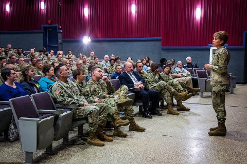 Lt. Gen. Nadja West, U.S. Army surgeon general and commander of Army Medical Command, speaks at Fort Campbell's Wilson Theater during one of two town halls Oct. 30. (U.S. Army photo by David E. Gillespie)