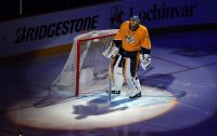 Nashville Predators goaltender Pekka Rinne (35) during player introductions before the game against the St. Louis Blues at Bridgestone Arena. Mandatory Credit: Christopher Hanewinckel-USA TODAY Sports