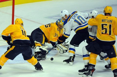 Nashville, TN, USA; Nashville Predators goaltender Pekka Rinne (35) makes a save on a shot during the first period. (Christopher Hanewinckel-USA TODAY Sports)