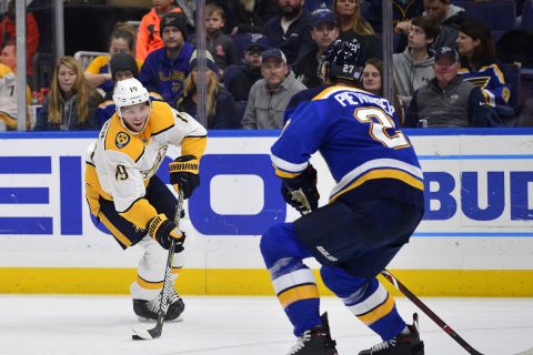 Nashville Predators center Calle Jarnkrok (19) handles the puck as St. Louis Blues defenseman Alex Pietrangelo (27) defends during the second period at Enterprise Center. (Jeff Curry-USA TODAY Sports)