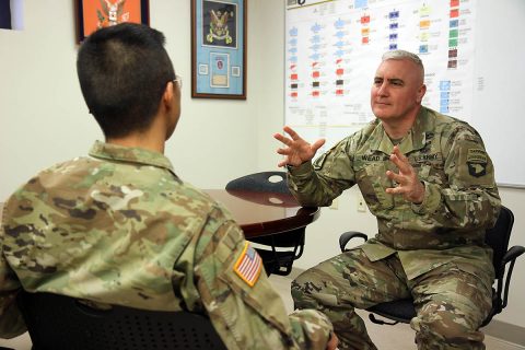 Chaplain Lt. Col. Sean Wead, acting division chaplain, 101st Airborne Division (Air Assault) counsels a Soldier Dec. 12, at the Installation Chaplain’s Office on Fort Campbell, Kentucky. The chaplaincy offers many types of religious and non-religious support to soldiers and their families to help enrich their quality of life. (Pfc. Lynnwood Thomas, 40th Public Affairs Detachment)