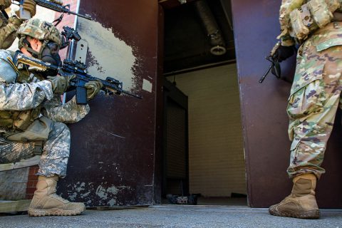 Soldiers from 3rd Brigade Combat Team, 101st Airborne Division (Air Assault) launch a surveillance robot into a unknown section of the subterranean training area to check what is behind doors and corners July 27 on Fort Campbell, KY. (Sgt. Patrick Kirby, 40th Public Affairs Detachment)