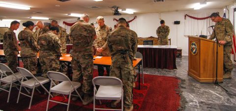 Army Chaplain Capt. Ryan Luchan, with the 495th Combat Support Sustainment Brigade from the Montana National Guard, gives the innovation at the 101st Resolute Support Sustainment Brigade Prayer dinner at Bagram Airfield, Afghanistan.  (1st Lt. Verniccia Ford, 101st Airborne Division (AA) Sustainment Brigade Public Affairs)