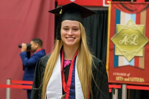 24 Austin Peay Student Athletes and Athletics Staff walk in Friday's Winter Commencement at the Dunn Center. (APSU Sports Information)