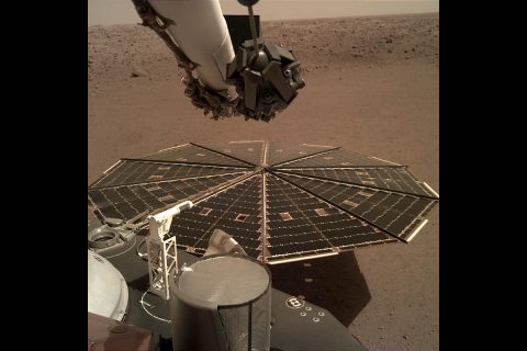 One of the NASA Mars InSight Lander's 7-foot (2.2 meter) wide solar panels was imaged by the lander's Instrument Deployment Camera, which is fixed to the elbow of its robotic arm. (NASA/JPL-Caltech)