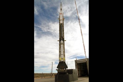 The DEUCE payload sits atop a NASA Black Brant IX sounding rocket at the White Sands Missile Range in New Mexico. (NASA)