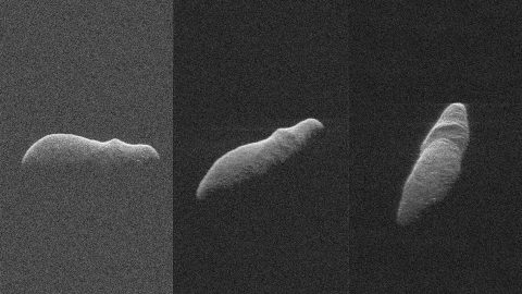 These three radar images of near-Earth asteroid 2003 SD220 were obtained on December 15th-17th, by coordinating observations with NASA's 230-foot (70-meter) antenna at the Goldstone Deep Space Communications Complex in California and the National Science Foundation's (NSF) 330-foot (100-meter) Green Bank Telescope in West Virginia. (NASA/JPL-Caltech/GSSR/NSF/GBO) These three radar images of near-Earth asteroid 2003 SD220 were obtained on December 15th-17th, by coordinating observations with NASA's 230-foot (70-meter) antenna at the Goldstone Deep Space Communications Complex in California and the National Science Foundation's (NSF) 330-foot (100-meter) Green Bank Telescope in West Virginia. (NASA/JPL-Caltech/GSSR/NSF/GBO)
