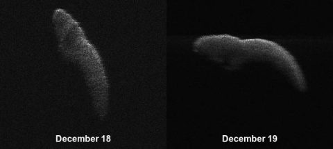 These two radar images of near-Earth asteroid 2003 SD220 were obtained on December 18th and 19th by coordinating observations with the Arecibo Observatory's 1,000-foot (305-meter) antenna in Puerto Rico and the National Science Foundation's (NSF) 330-foot (100-meter) Green Bank Telescope in West Virginia. The radar images reveal the asteroid is at least one mile (1.6 kilometers) long. (NASA/Arecibo/USRA/UCF/GBO/NSF)