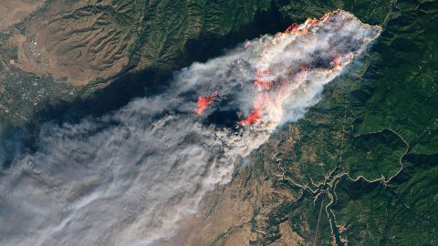 An image of the Camp Fire in Butte County, California, on Nov. 8, 2018, from the Landsat 8 satellite. (USGS/NASA/Joshua Stevens) An image of the Camp Fire in Butte County, California, on Nov. 8, 2018, from the Landsat 8 satellite. (USGS/NASA/Joshua Stevens)