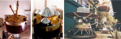 Left: Pioneer Venus Orbiter during assembly. Middle: Pioneer Venus Multiprobe undergoing final assembly and checkout. Right: Model of the Venera 11 and 12 lander (left) and entire spacecraft (right). (NASA)