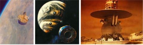 Left: Illustration by Paul Hudson of Pioneer Venus Orbiter in orbit around Venus. Middle: Illustration by Paul Hudson of Pioneer Venus Multiprobe releasing its probes as it approaches Venus. Right: Illustration of a Venera lander on the surface of Venus. (NASA)