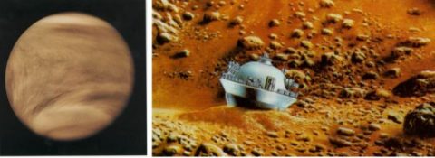 Left: Pioneer Venus Orbiter image of Venus taken in ultraviolet light to show the cloud formations. Right: Illustration of one of the Pioneer Venus Small Probes on the surface of Venus. (NASA) Left: Pioneer Venus Orbiter image of Venus taken in ultraviolet light to show the cloud formations. Right: Illustration of one of the Pioneer Venus Small Probes on the surface of Venus. (NASA)