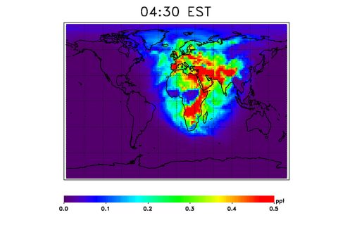 Model output of OH primary production over a 24-hour period in July tracks with sunlight across the globe. Higher levels of OH over populated land are likely from OH recycling in the presence of NO and NO2, which are common pollutants from cars and industry. (NASA / Julie Nicely)
