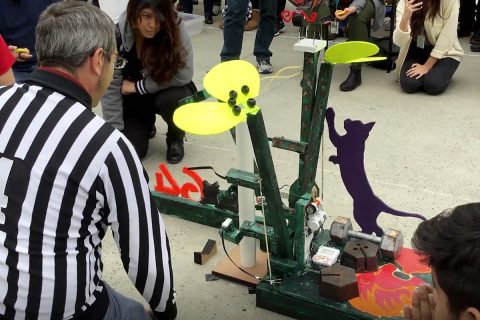 Students from the Los Angeles High School's Wild Cats team compete with the invention they built for the Jet Propulsion Laboratory's Annual Invention Challenge. (NASA/JPL-Caltech)