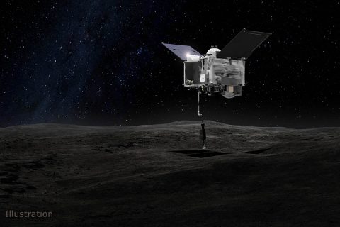 This artist's concept shows the Origins Spectral Interpretation Resource Identification Security - Regolith Explorer (OSIRIS-REx) spacecraft contacting the asteroid Bennu with the Touch-And-Go Sample Arm Mechanism or TAGSAM. The mission aims to return a sample of Bennu's surface coating to Earth for study as well as return detailed information about the asteroid and it's trajectory. (NASA's Goddard Space Flight Center)