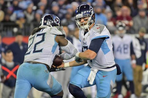 Tennessee Titans quarterback Blaine Gabbert (7) hands off to Tennessee running back Derrick Henry (22) during the second half against the Washington Redskins at Nissan Stadium. Tennessee won 25-16. (Jim Brown-USA TODAY Sports)