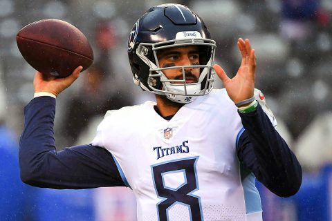 Tennessee Titans quarterback Marcus Mariota (8) throws a pass during warm ups before a game against the New York Giants at MetLife Stadium. (Robert Deutsch-USA TODAY Sports)