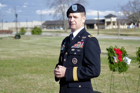 U.S. Army Brig. Gen. K. Todd Royar, acting senior commander of the 101st Airborne Division (Air Assault) and Fort Campbell, Kentucky, speaks to volunteers, Saturday, Dec. 15, 2018, after they placed 101 wreaths on the fence at T.C. Freeman Gate, Fort Campbell’s main gate. (Mari-Alice Jasper, Fort Campbell Courier)