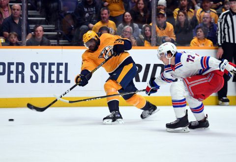 Nashville Predators defenseman P.K. Subban (76) attempts a shot during the first period against the New York Rangers at Bridgestone Arena. (Christopher Hanewinckel-USA TODAY Sports)