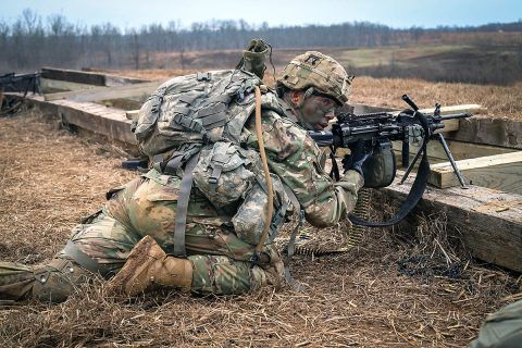 Pvt. David, Montoya, a squad automatic weapon gunner with Alpha Company, 2nd Battalion, 506th Infantry Regiment, 3rd Brigade Combat Team, 101st Airborne Division (Air Assault), awaits orders amid firing at distance targets at Fort Campbell, KY, January 16th. (U.S. Army Photo by Sgt. Aaron Daugherty) 