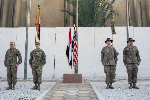 U.S. Army Command Sgt. Maj. Wray Gabelmann, 1st Brigade Combat Team, 101st Airborne Division, sergeant major, Col. Derek Thomson, 1st Brig., 101st Division commander, Col. Jonathan Byrom, commander of 3rd Cavalry Regiment, and Command Sgt. Maj. Adam Nash, 3rd Cav. Regt. sergeant major, complete the transfer of authority between 3rd Cav. Regt. and 1st Brig., 101st Division, in Baghdad, Iraq, Jan. 23, 2019. (Capt. Jason Welch, 3rd Cavalry Regiment Public Affairs Office)