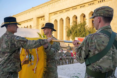 U.S. Army Command Sgt. Maj. Adam Nash, 3rd Cavalry Regiment sergeant major, and Col. Jonathan Byrom, commander of 3rd Cav. Regt., case the regimental colors during the transfer of authority ceremony between 3rd Cav. Regt. and 1st Brigade Combat Team, 101st Airborne Division, in Baghdad, Iraq, Jan. 23, 2019.(Capt. Jason Welch, 3rd Cavalry Regiment Public Affairs Office)