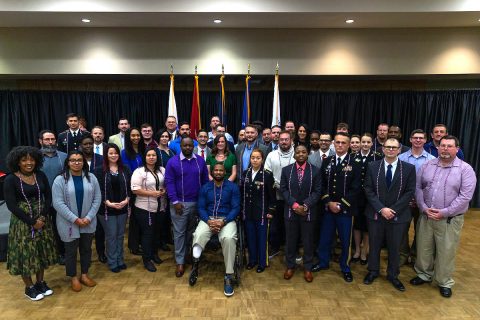 APSU Military graduates earn a specially designed coin and cords from Austin Peay in addition to their degrees. Pictured are the December 2018 honorees.