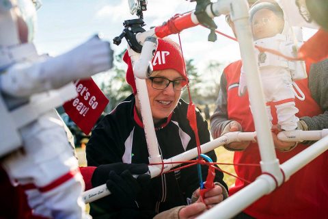 Megan McCracken prepares the doll payload for the launch at Austin Peay State University