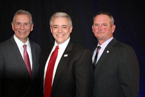 Clarksville Mayor Joe Pitts, left, and Montgomery County Mayor Jim Durrett, right, took the stage Tuesday morning at the annual Clarksville Area Chamber's Mayors Power Breakfast to brief the community on the state of local government. Chamber President Jay Albertia, center, moderated the question and answer session.