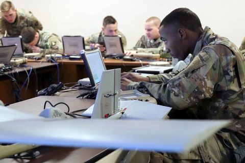 Sgt. Jamal Lewis, a Soldier with 626 Brigade Support Battalion, 3rd Brigade Combat Team, 101st Airborne Division (Air Assault) processes information for a simulated flight mission during the classroom portion of the Small Unmanned Aerial System course on Fort Campbell, KY, Jan. 11. (Sgt. Aaron Daugherty) 